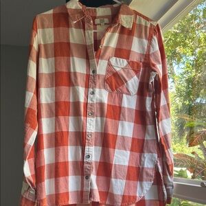 True Craft Orange & White Checkered Plaid Button-Up Shirt - 100% cotton